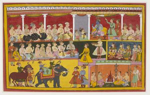 Rama hört Lava und Kusha das Ramayana singen, mit Affen und Vibhishana