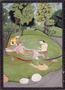 Rama lehnt sich gegen Sita, während sein Bruder Laksman einen Dorn aus seinem Fuß zieht, 1845