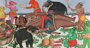 Ramayana-Szene: Eine Gruppe von Dämonen weckt ihren Prinzen aus dem Winterschlaf