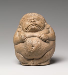 Rassel in Form eines kauernden grotesken Yaksha (Terrakotta) von Indian School