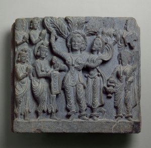Relief, das die Geburt Buddhas darstellt, Gandhara, wahrscheinlich Sikri, 2.-3. Jahrhundert von Indian School