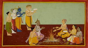 Rishyasringa führt eine Zeremonie zur Erlangung eines Sohnes durch, singt Mantras und bringt Opfergaben dar