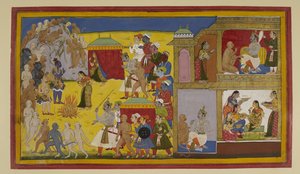 Rama weist Sita zurück; sie bittet, ihre Keuschheit durch Feuer zu beweisen