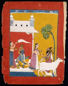 Rukmini bietet dem Weisen Narada Wasser an, während ihr Gemahl Krishna in ihrem Haus sitzt, ca. 1725-1730