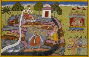 Ravana reitet auf dem Pushpaka-Wagen, hebt dann den Berg Kailasa an und schüttelt ihn, um Shiva herauszufordern von Indian School
