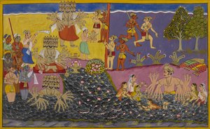 Ravana verehrt den Linga am Narmada, während König Arjuna in der Nähe badet