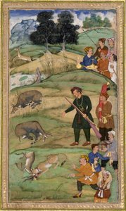 Salim, der sein Gewehr hält, zeigt auf einen toten Nilgai, ca. 1600 von Indian School