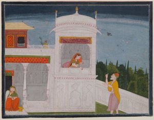 Der Brahmane Sudama und Rukmini in einem Palast, Seite aus der Sudama-Episode der Bhagavata Purana-Serie, ca. 1800 oder später von Indian School
