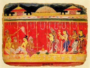 Die Hochzeit von Krishnas Eltern, aus einem verstreuten Manuskript des Bhagavata Purana aus Mewar, Rajasthan, ca. 1520-50