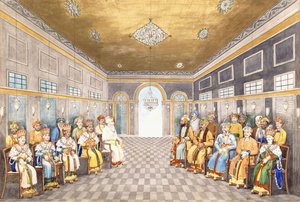 Die Nawabs und Könige von Oudh in einem Palastinneren mit ihren Dienern, ca. 1800 von Indian School
