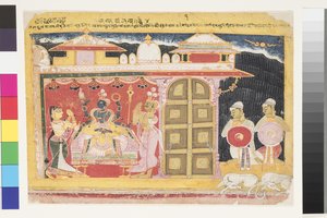 Die Verehrung von Vishnu bei der Geburt von Krishna, vor 1560