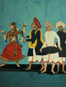 Drei Musiker und ein tanzendes Mädchen, Tanjore, Tamil Nadu, um 1850 von Indian School