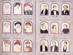 Zwei Blätter aus einem Album mit einheimischen und europäischen Porträts, um 1830-1850 von Indian School