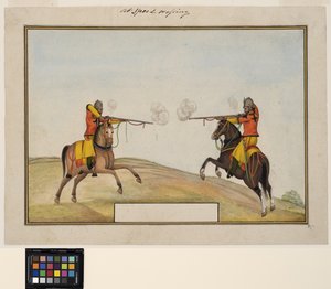 Zwei berittene Soldaten tauschen Gewehrfeuer aus, ca. 1830 von Indian School