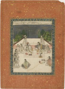 Zwei Frauen auf einer Terrasse, umgeben von Dienern und Musikern, ca. 1650