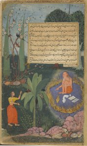 Bd.1 Bl.61 Auf Indras Drängen hin nähert sich Rambha Visvamitra, um den Weisen von seinen Askeseübungen abzulenken