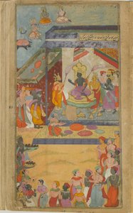 Ramas Brüder und Verbündete dienen als Diener bei seiner Einsetzung, bei der die Götter kostbare Geschenke bringen von Indian School