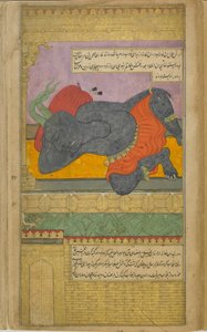 Kumbhakarna, von den Göttern dazu gebracht, Brahma um die Gabe des ununterbrochenen Schlafes zu bitten, schläft in der prächtigen Behausung, die auf Ravanas Befehl für ihn vorbereitet wurde von Indian School