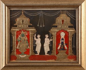 Vishnu und Shiva in Form von Shivalingam verehrend, Tanjavore Schule, späte 19. Jahrhundert von Indian School