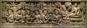 Arada Kalama lehrt den zukünftigen Buddha. Indonesien, Java, Boroduru. Ende des 19. Jahrhunderts