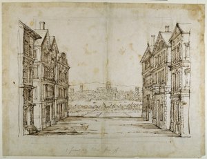 Englische Häuser mit London und der Themse in der Ferne