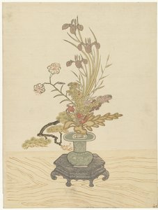 Ikebana-Blumenarrangement in grüner Vase von Ippitsusai Bunchô (manner of)