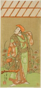 Der Schauspieler Ichikawa Komazo II als Soga no Juro Sukenari verkleidet als Fuchsfänger im Stück Kagami-ga-ike Omokage Soga, aufgeführt im Nakamura-Theater im ersten Monat, 1770 von Ippitsusai Bunchō