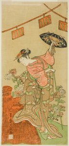 Der Schauspieler Iwai Hanshiro IV als Otatsu-gitsune im Stück Nue no Mori Ichiyo no Mato, aufgeführt im Nakamura Theater im elften Monat, 1770