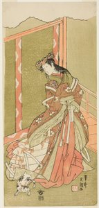 Der Schauspieler Nakamura Noshio I als die dritte Prinzessin (Nyosan no Miya) im Stück Fuki Kaete Tsuki mo Yoshiwara (Neues Dach: Der Mond scheint auch über das Vergnügungsviertel Yoshiwara), aufgeführt im Morita-Theater ab dem ersten Tag des elften Monats