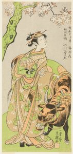 Der Schauspieler Segawa Kikunojo II als Kurtisane Maizuru im Stück Furisode Kisaragi Soga, aufgeführt im Ichimura Theater ab dem zwanzigsten Tag des zweiten Monats, 1772 von Ippitsusai Bunchō