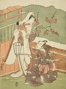 Die Schauspieler Arashi Sangoro II als Minamoto no Yoritomo verkleidet als Hutmacher von Ippitsusai Bunchō