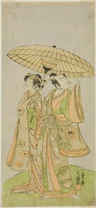 Die Schauspieler Ichikawa Komazo II als Chunagon Yukihira (rechts) und Iwai Hanshiro IV als Murasame (links) im Stück Kuni no Hana Ono no Itsumoji, aufgeführt im Nakamura-Theater im elften Monat, 1771 von Ippitsusai Bunchō
