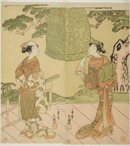 Die Schauspieler Ichimura Uzaemon IX als Shume no Hangan Morihisa (rechts) und Sanogawa Ichimatsu II als Chujo (links) im Stück Edo no Hana Wakayagi Soga, aufgeführt im Ichimura-Theater im zweiten Monat, 1769