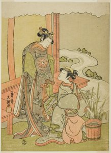 Die Schauspieler Nakamura Tomijuro I als Enju verkleidet als Shirbyoshi Gio (rechts) und Nakamura Noshio I als Goo verkleidet als Hotoke Gozen (links), im Stück Miyako-zome Gio Katsugi, aufgeführt im Morita Theater im elften Monat, 1770