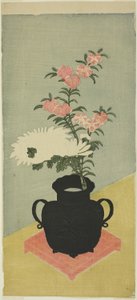 Weiße Chrysanthemen und Nelken in einer schwarzen Vase von Ippitsusai Bunchō