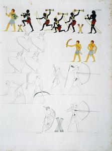 Militärszenen, Soldaten mit Bögen und Pfeilen, aus den Gräbern von Beni Hasan, Tafel CXVIII, aus Denkmälern von Ägypten und Nubien: zivile Denkmäler von Ippolito Rosellini