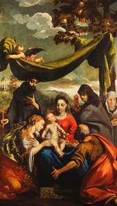 Die Madonna und das Kind mit den Heiligen Maria Magdalena, Petrus, Klara und Franziskus und einem Porträt der Äbtissin von Ippolito Scarsella