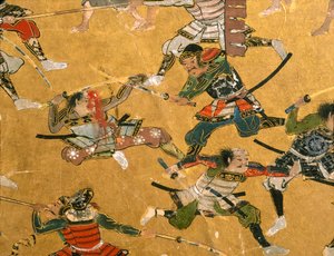 Detailtafeln, die die Schlacht von Osaka und andere Schlachtszenen zeigen, Osaka-Schloss-Museum