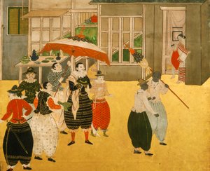 Details vom Namban Byobu-Schirm, der portugiesische Händler zeigt, die Japan während der Momoyama-Periode besuchen, 2005 (Foto)