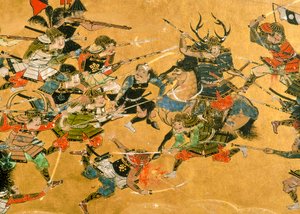 Mittlere zwei Tafeln, die Szenen aus der Schlacht von Osaka darstellen, Japan, 2005