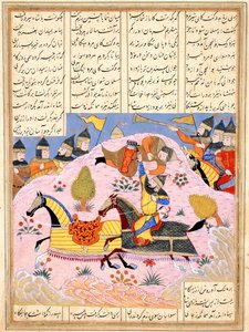 Malik hebt Abul Mihjan aus dem Sattel. Aus Khavarannama Das Buch des Ostens von ibn Husam al-D