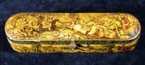 Eine Pappmaché-Federbox, der Deckel bemalt mit der Schlacht von Chaldiran