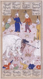 Der junge Rustem tötet den weißen Elefanten, um 1545 von Iranian School