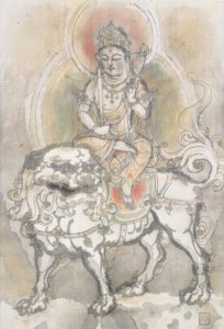 Manjushri auf einem Löwen sitzend