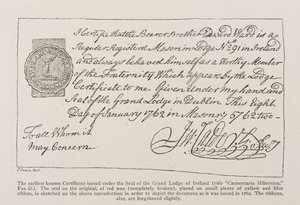 Faksimile des frühesten bekannten Zertifikats, ausgestellt unter dem Siegel der Großloge von Irland, datiert 1762 von Irish School