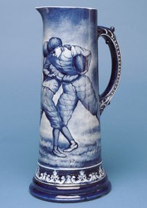 Großer Belleek-Krug mit Rugby-Szene (Keramik) von Irish School