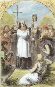 St. Patrick zeigt den Menschen in Irland die vier Evangelien, aus The Trias Thaumaturga, oder Drei Wunderwirkende Heilige Irlands, von Mary Cusack (1829-99) veröffentlicht ca. 1890er (spätere Kolorierung) von Irish School