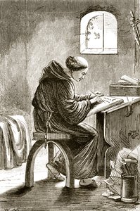 St. Vincent schreibt in seiner Zelle in Ferins, aus The Trias Thaumaturga, oder Drei Wunderwirkende Heilige von Irland, von Mary Cusack (1829-99) veröffentlicht um 1890