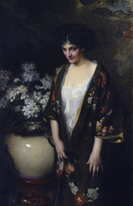 Brauner Kimono (Porträt von Kathryn Beta la Forque) von Irving R. Wiles