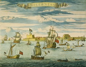 Sheerness, Kent, graviert von Johannes Kip (handkolorierte Gravur) von Isaac (after) Sailmaker